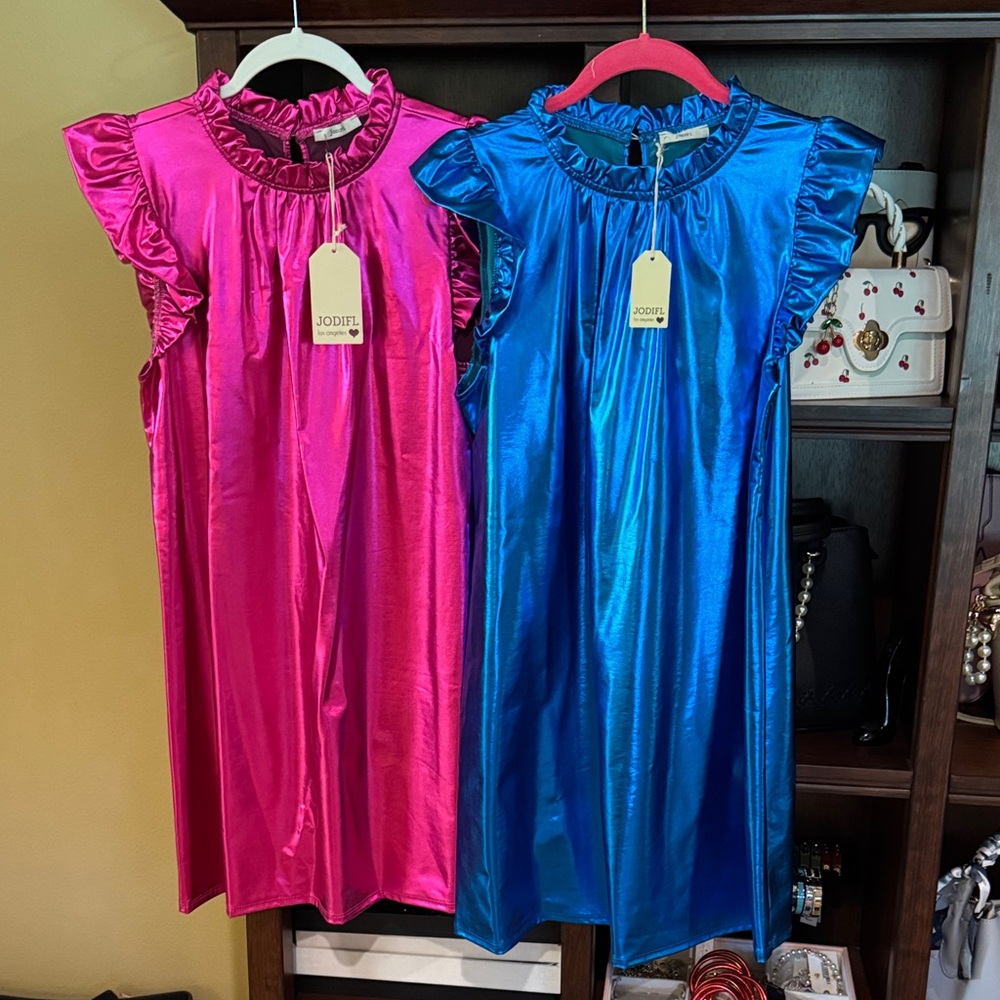 JODIFL Metallic Ruffle Dresses in Pink and Blue - Picture 2 of 8
